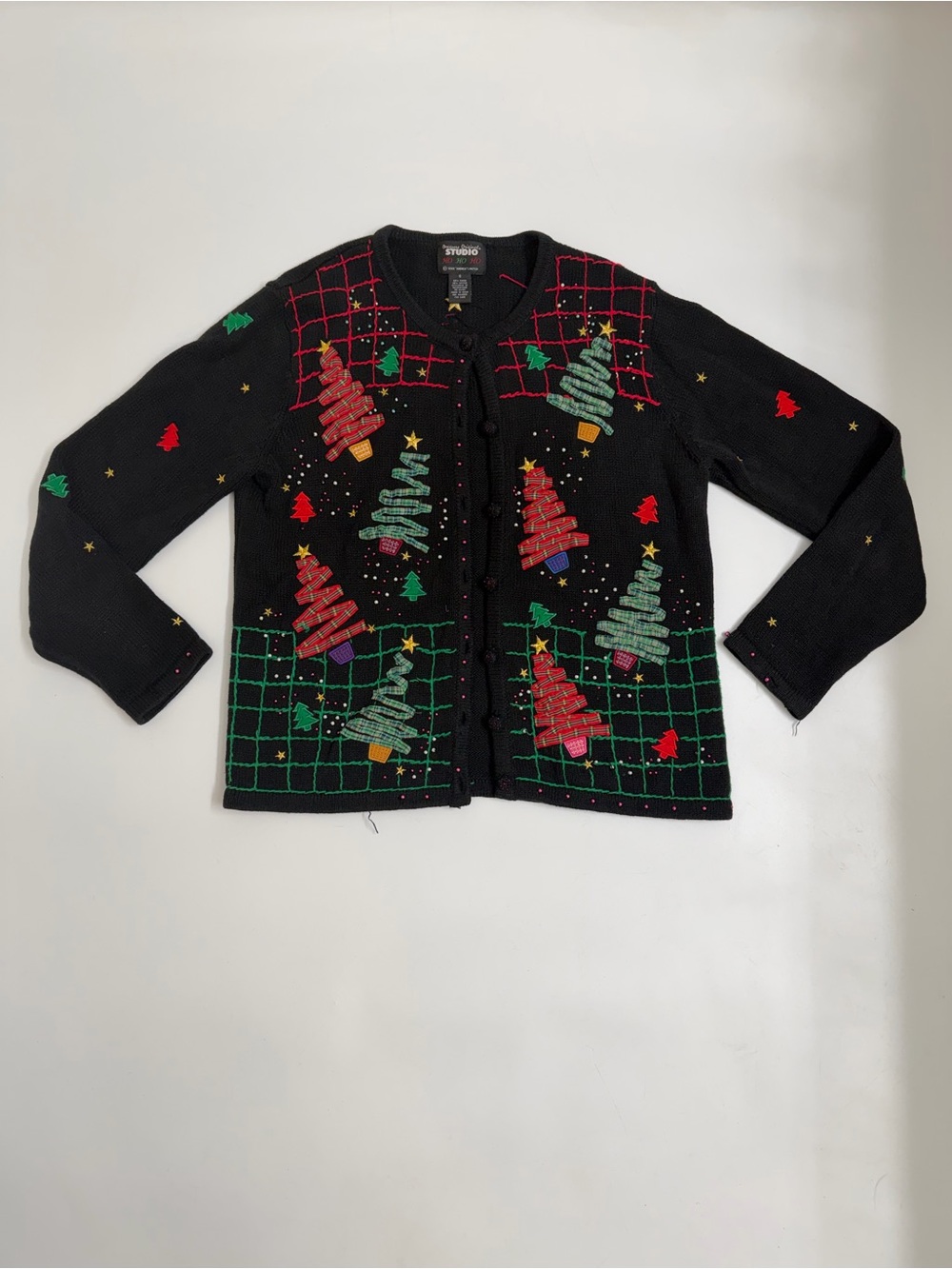 Vintage 90s Christmas Cardigan S Plaid Tree Beaded Holiday Sweater